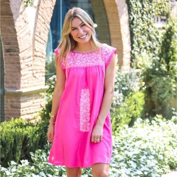 J. Marie Pink 100% Linen Embroidered Floral Devyn Sheath Dress Pockets Xs